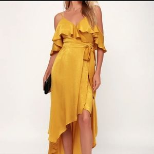 Lulu' s Layla Mustard Yellow Satin Off-The-Shoulder Wrap Dress